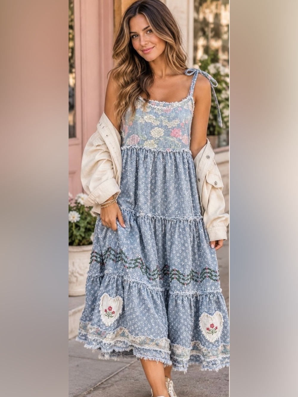 POL  Denim And Floral Tiered Sundress NWOT